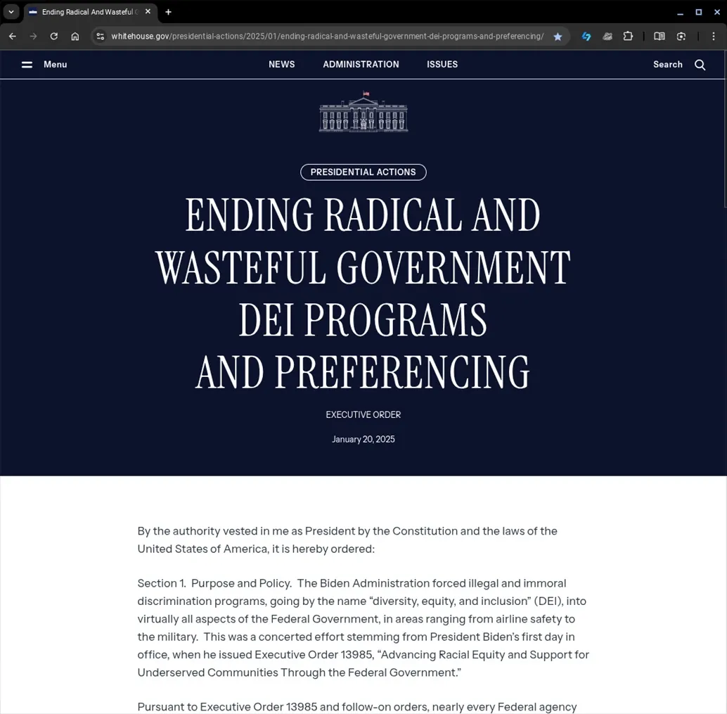 https://www.whitehouse.gov/presidential-actions/2025/01/ending-radical-and-wasteful-government-dei-programs-and-preferencing/